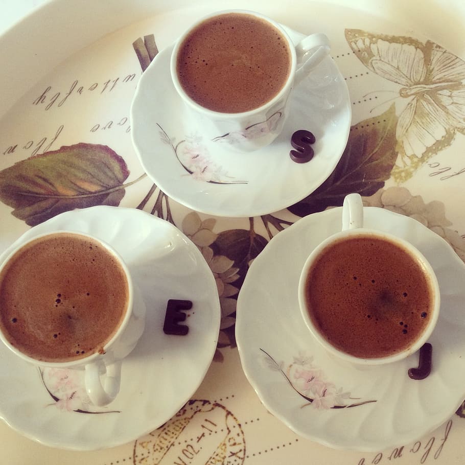 three sets of coffee on teacups, hot chocolate, caffeine, drinks HD wallpaper