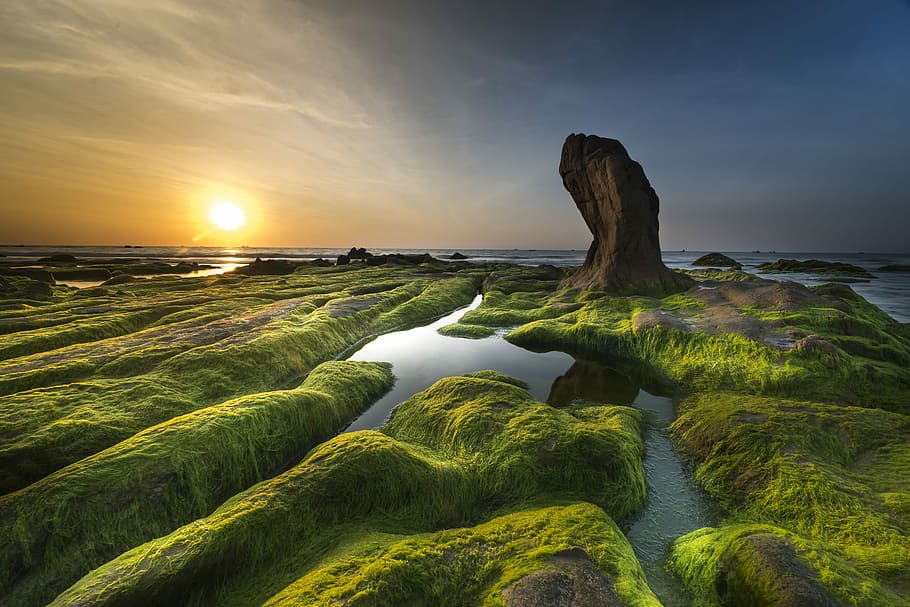aerial photography of green and brown rock formation near body of water at golden hour