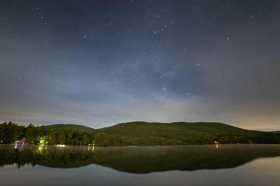 galaxy, lake, nature, night, sky, stars, star - space, water HD wallpaper