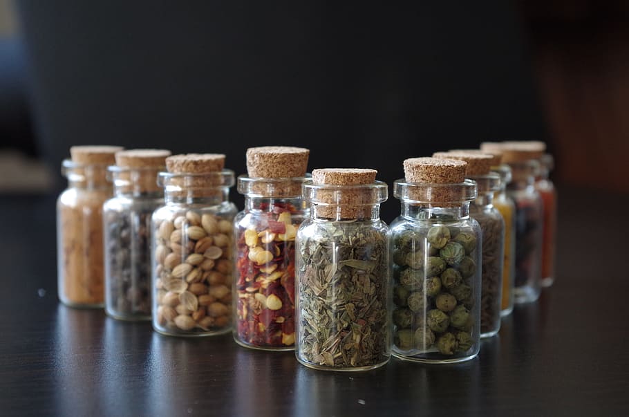 clear glass vials, pepper, cooking, bottle, container, jar HD wallpaper