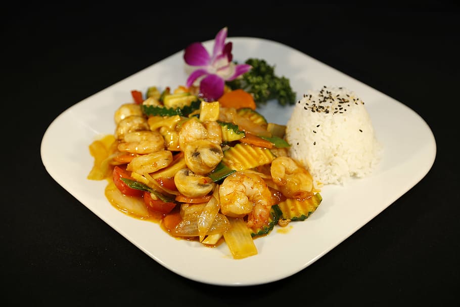 shrimp, rice, seafood, eat, court, vegetables, food and drink HD wallpaper