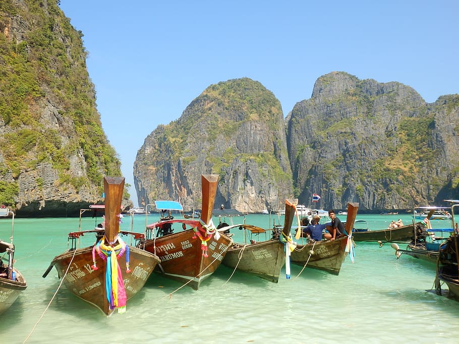 people on wooden boat, boats, sea, rocks, landscape, ile, koh phi phi
