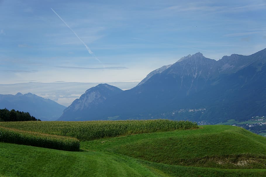 field, mountains, corn, landscape, nature, sky, green, agriculture HD wallpaper