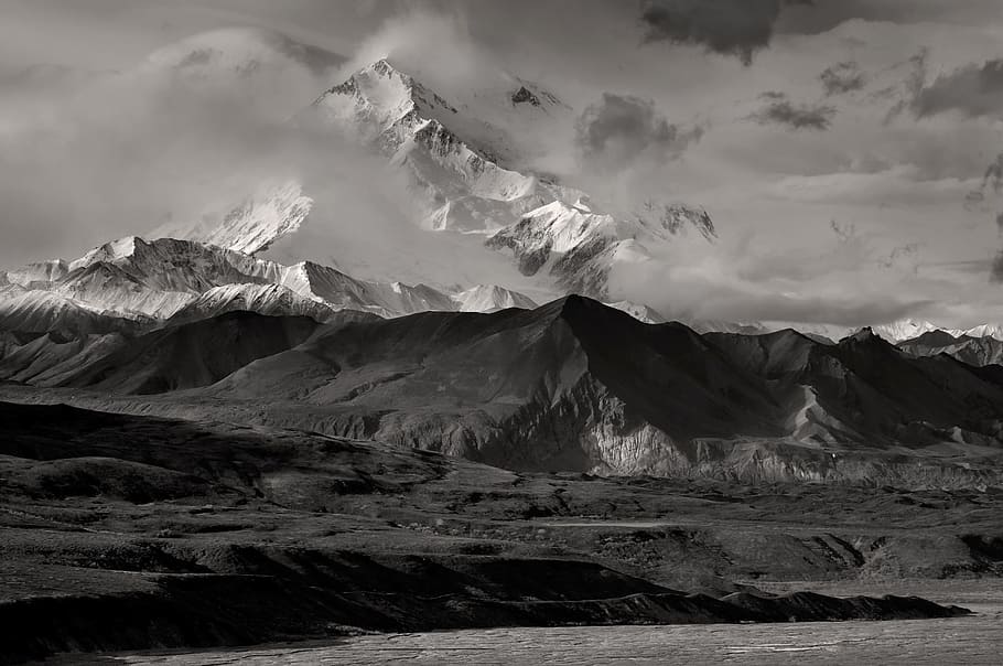 grayscale photo of mountains, mount mckinley, black and white