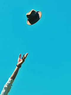 person throwing brown hat into the air, man, fedora, hand, bracelet HD wallpaper