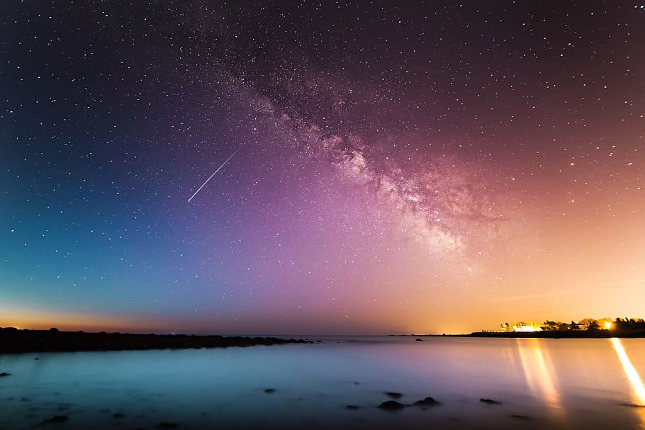 milky way above body of water, photography of body of water during nighttime, HD wallpaper