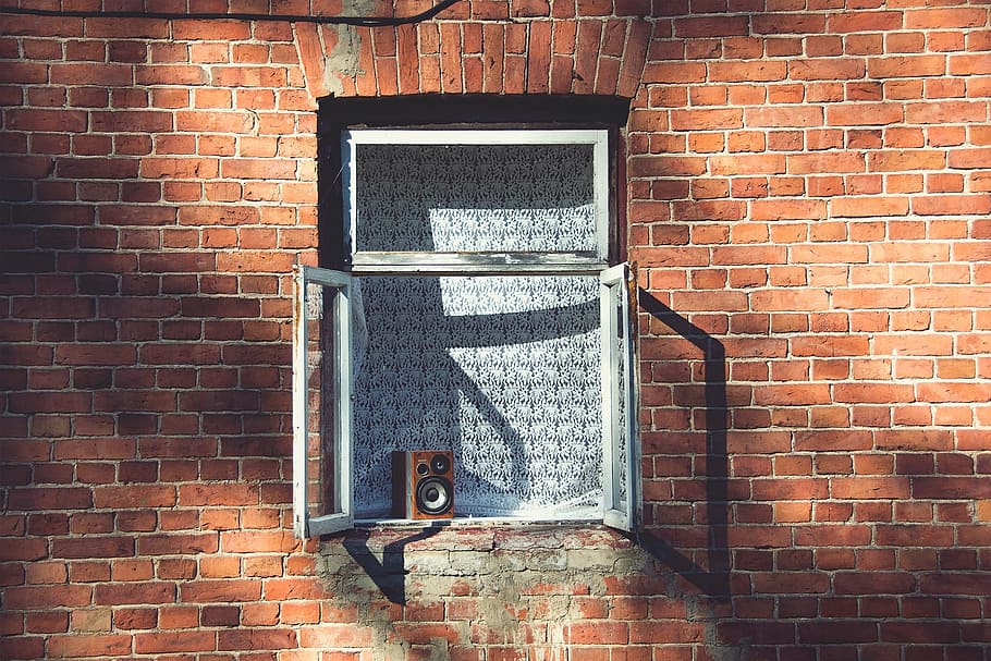 gray metal window on brown brick house, window frame, building HD wallpaper