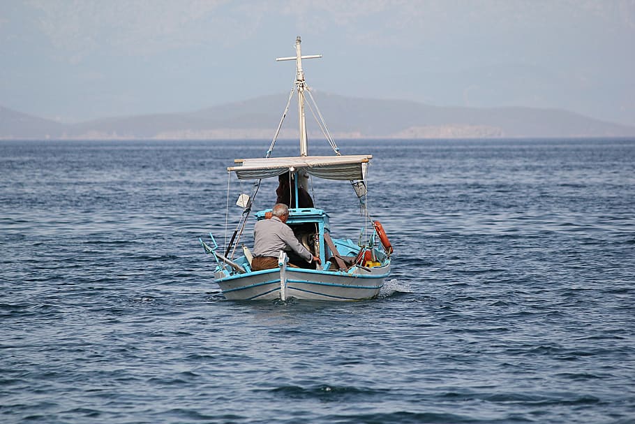 boat, fisherman, fishing, aegean, mediterranean, greece, chios, HD wallpaper
