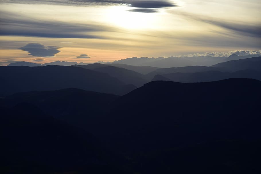 Mountain layer, silhouette of mountain, cloud, tree, rock, outdoor HD wallpaper