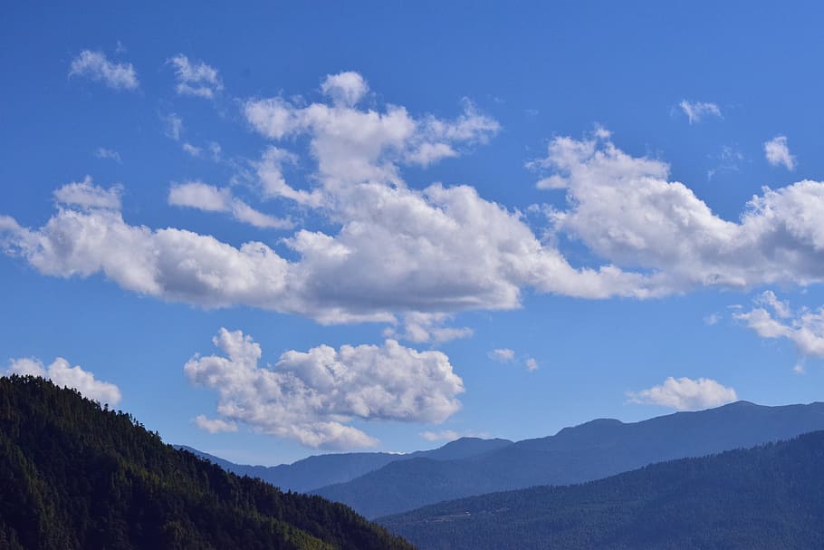 blue sky, mountains, white clouds, nature, scenery, hill, sunny HD wallpaper