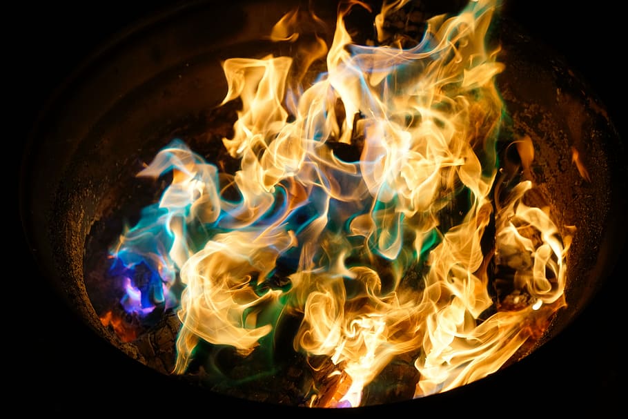 close-up of fire, flame, charcoal, ash, smoke, heat, bonfire HD wallpaper