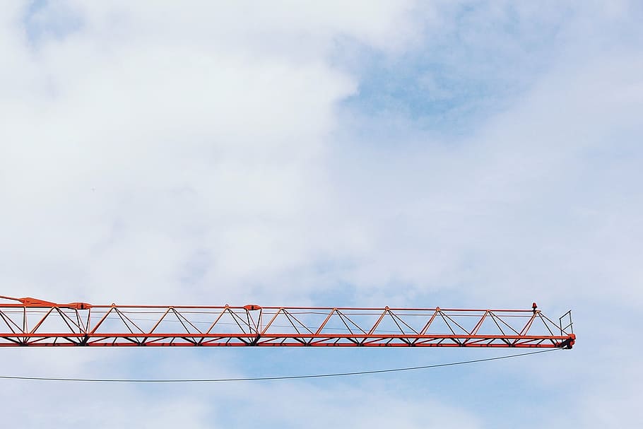 orange tower crane under white cloudy sky, baukran, scaffold HD wallpaper