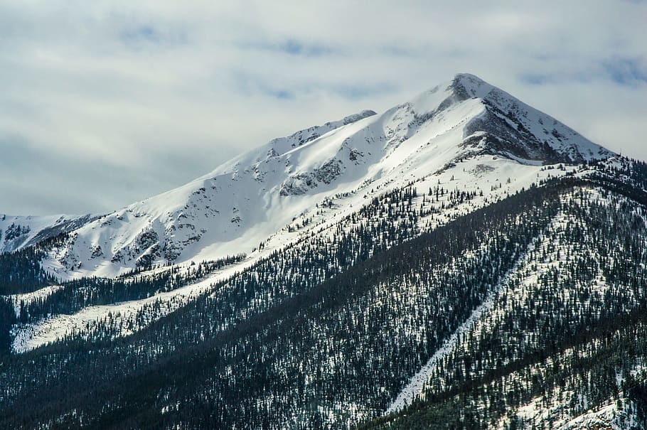 snow covered mountain, mountains, winter, trees, sky, hills HD wallpaper