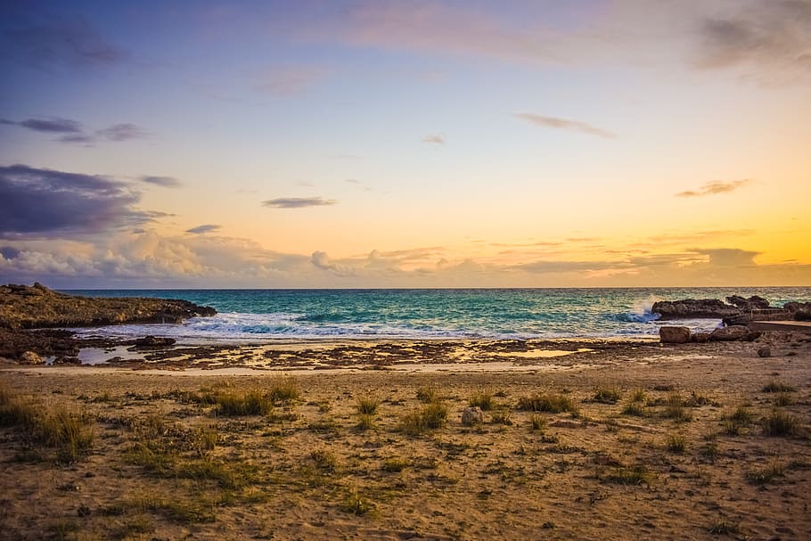 body of water during golden hour, sunset, beach, sea, sky, clouds HD wallpaper