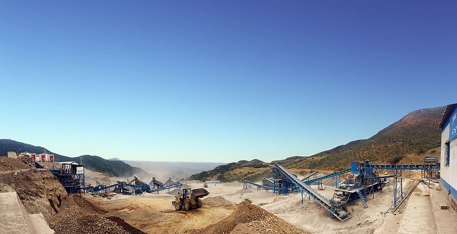 aerial photo of site, machinery, mine, construction site, blue HD wallpaper