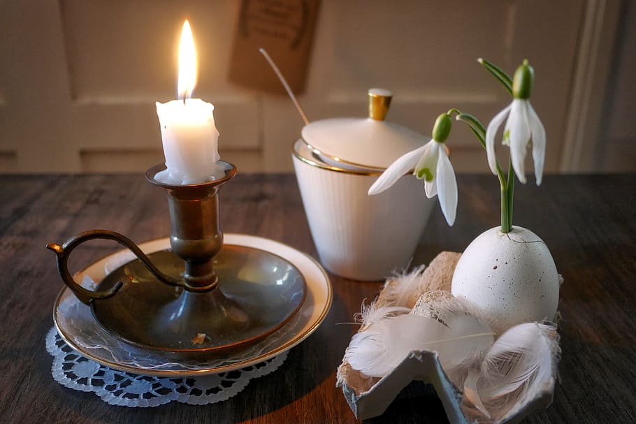 lighted candle on table near white flower, egg, spring, sugar bowl HD wallpaper