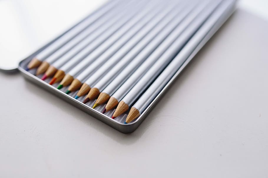 Silver crayons in a box, white, pencils, drawing, case, business card HD wallpaper