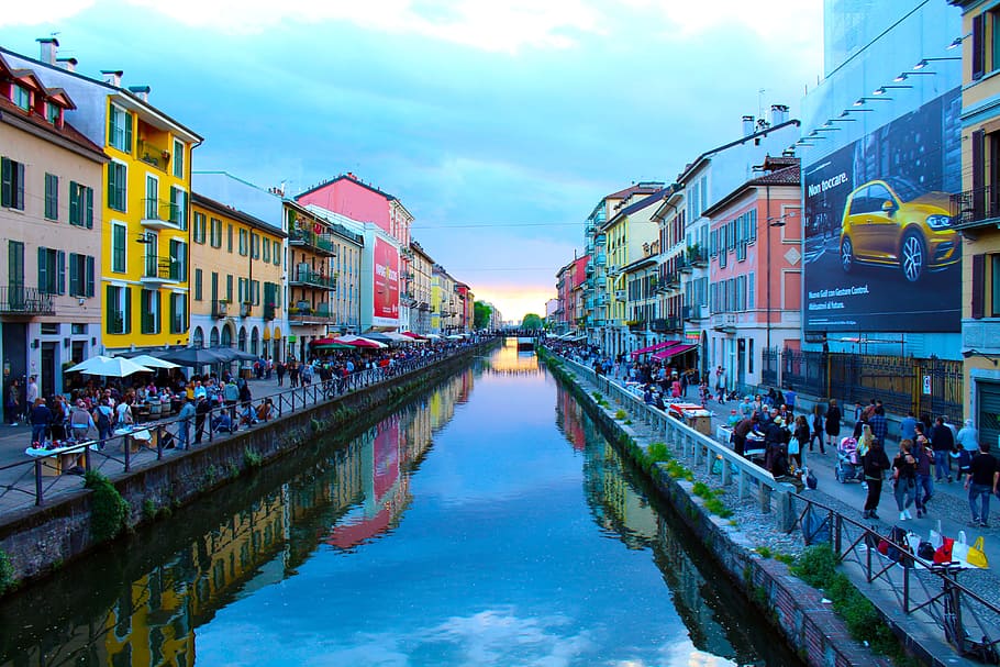 green body of water between buildings under blue sky, Milan, Navigli, HD wallpaper
