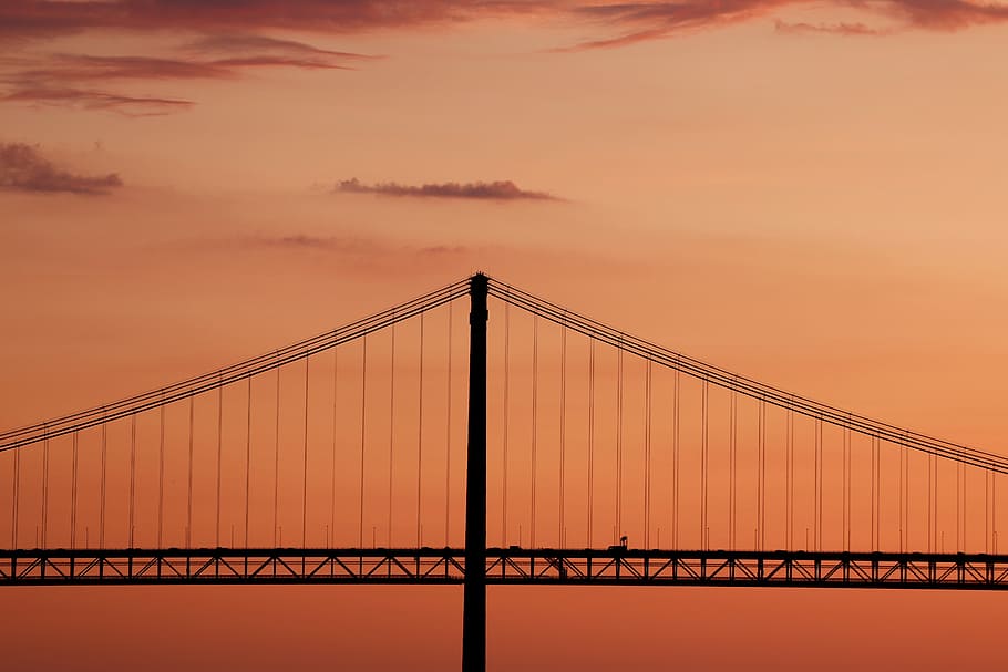 silhouette of bridge, clouds, sky, sunset, evening sky, twilight HD wallpaper