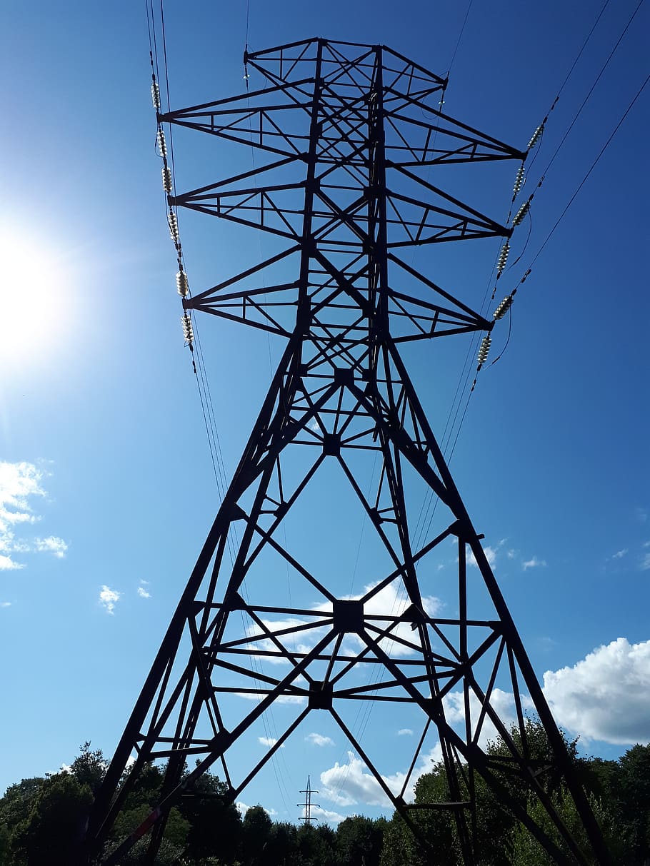 high-voltage mast, electric, lap, blue, wire, cable, iron, blue sky