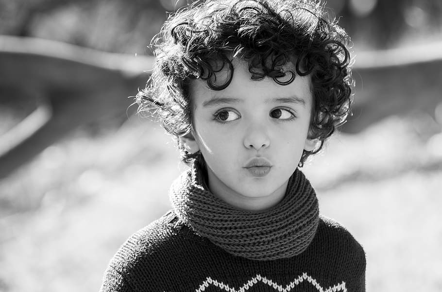 cold, black-and-white, fashion, cute, blur, child, close-up, curly hair