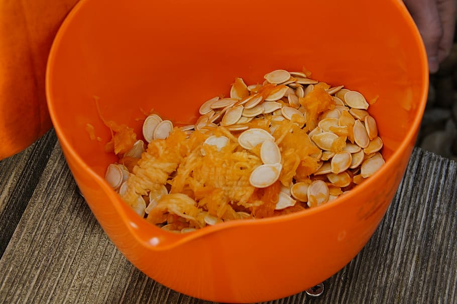 pumpkin seeds, frisch, inner, pulp, bowl, halloween, autumn HD wallpaper