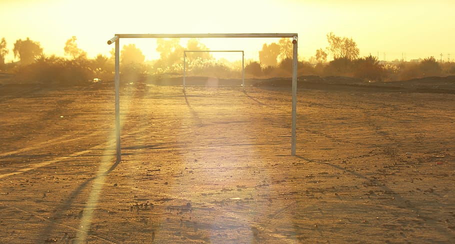 white metal goal net frames outdoors, empty, goals, football, HD wallpaper