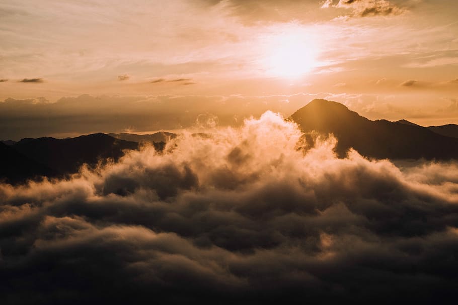sky, cloud, mountains, tree, image view, horizon, nature, fog HD wallpaper