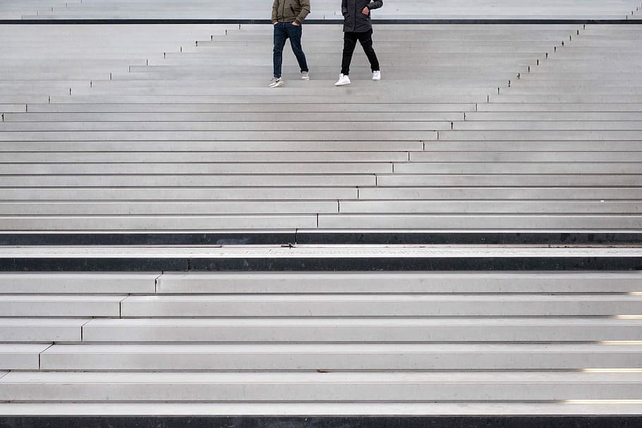 two persons walking through stairs, two people walking down on stairs at daytime, HD wallpaper