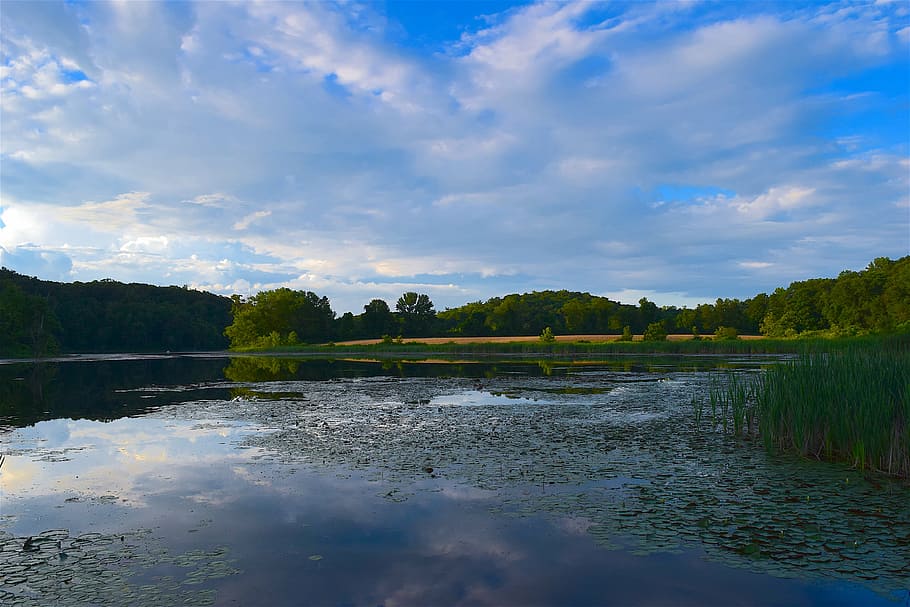 lake, sky, reflection, water, nature, landscape, summer, evening HD wallpaper