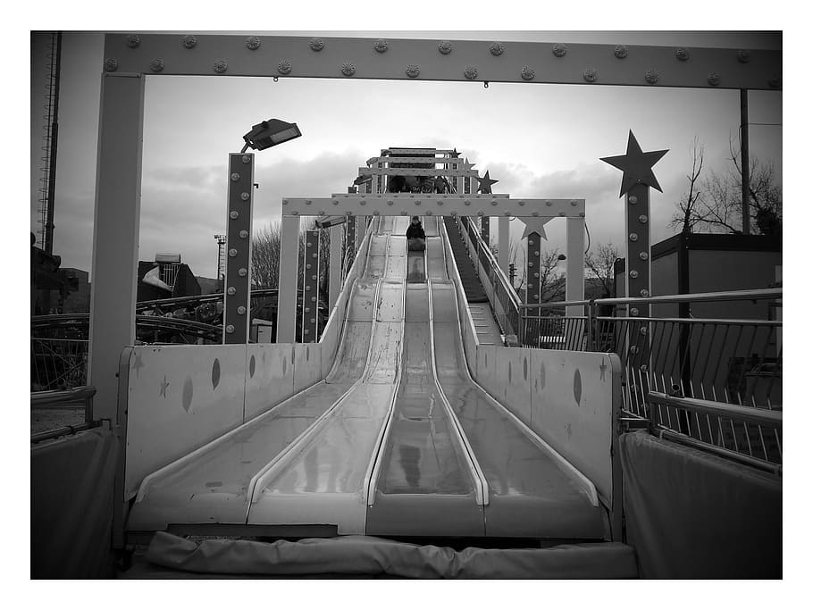slide, funfair, rides, joust, swing, lights, evening, transportation HD wallpaper