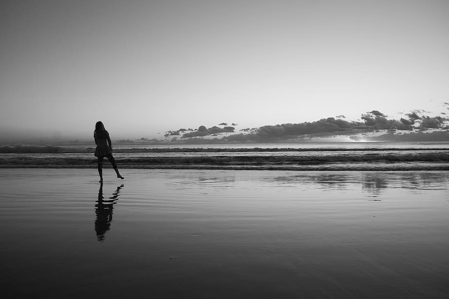 Beach, Sunset, Girl, Dancing, Reflection, clouds, silhouette HD wallpaper