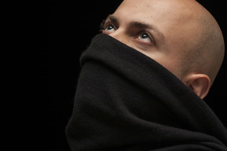 man wearing black neck warmer, male, model, mask, overview, eyes