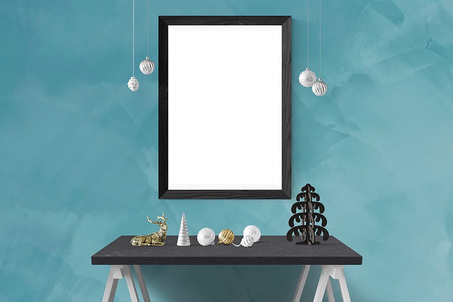 rectangular wall mirror with black wooden frame, poster, mockup