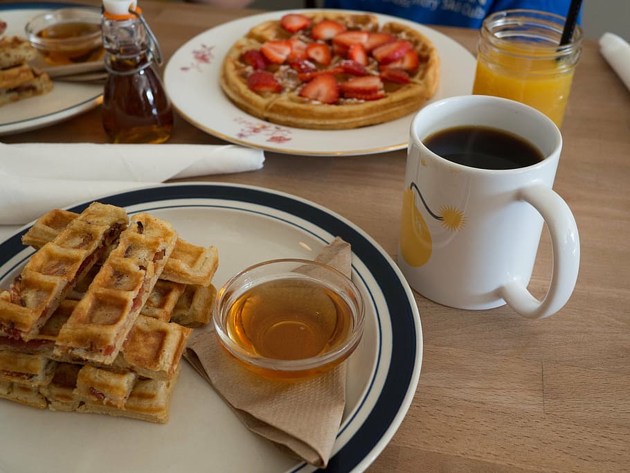 plate of waffles and cup of coffee, breakfast, strawberries HD wallpaper