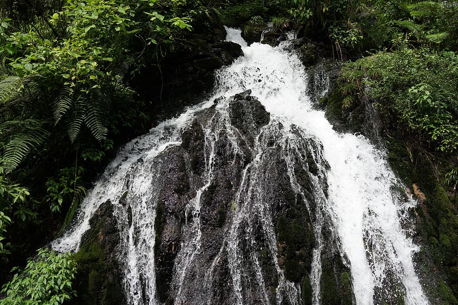 water source, waterfall, cascade, mountain, forest, nature HD wallpaper
