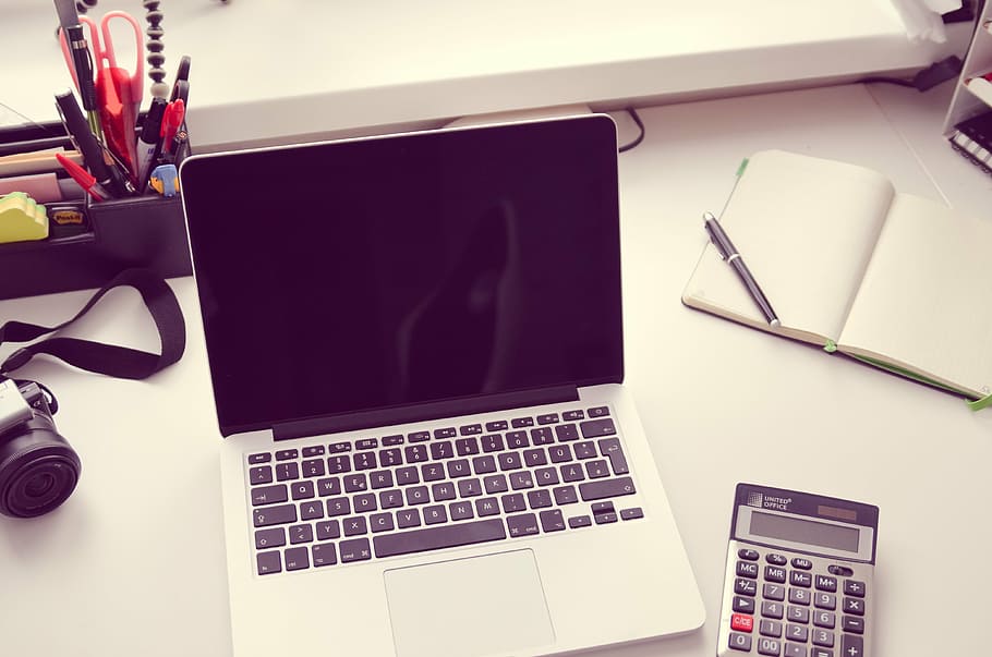 white and black laptop computer near desktop calculator, keyboard HD wallpaper