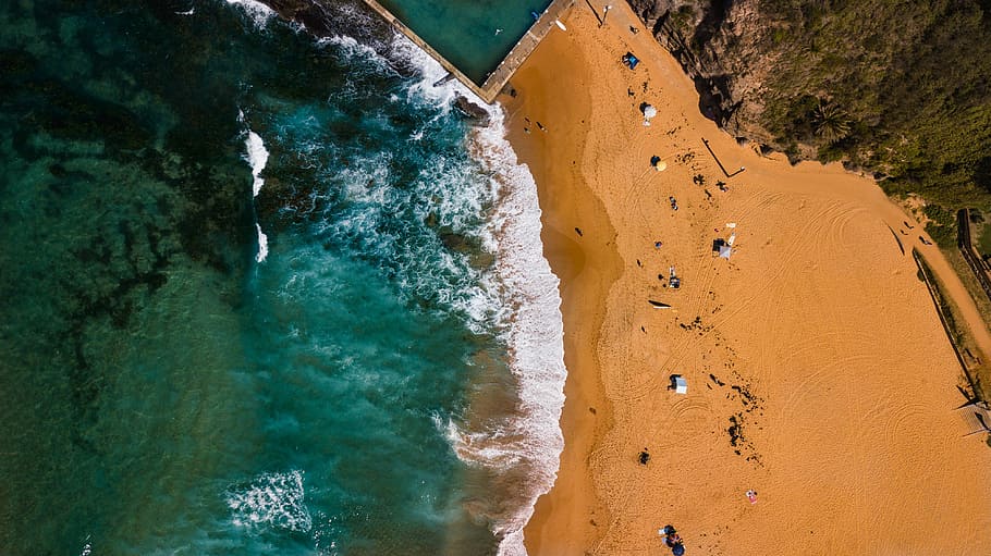 aerial photo of brown sand beach, aerial view of body of water HD wallpaper