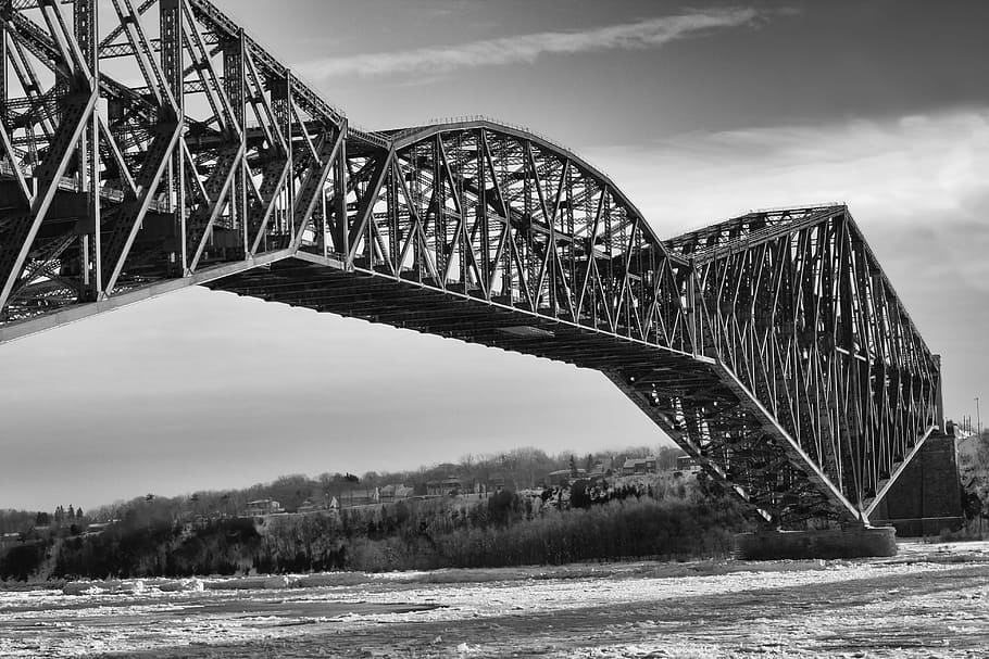 Quebec, Bridge, Saint-Laurent, River, winter, black and white, HD wallpaper