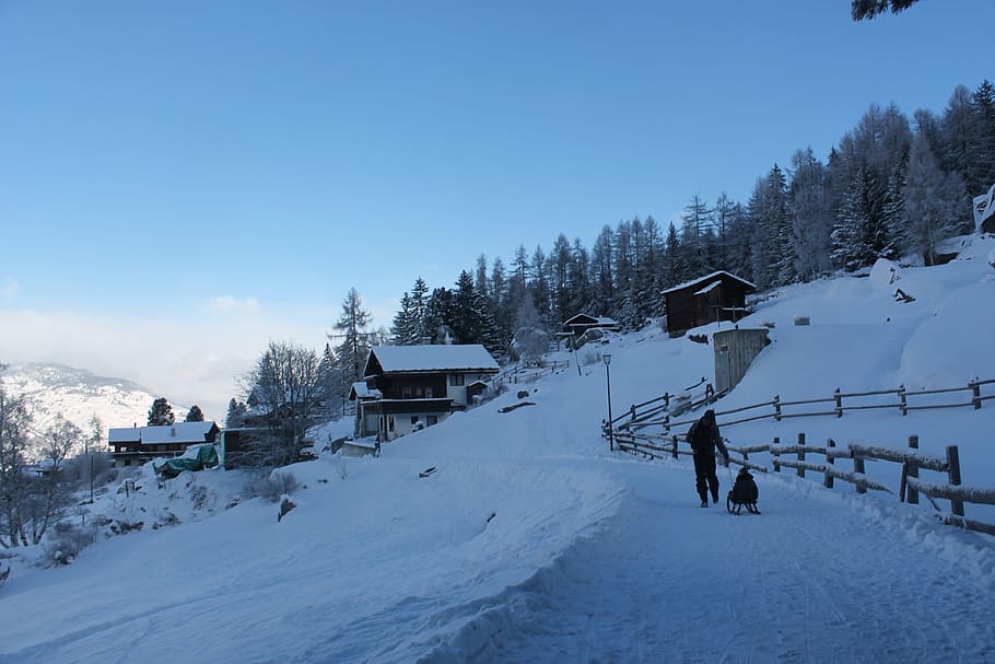Mountains, Snow, Slide, Winter, Alpine, landscape, nature, homes HD wallpaper