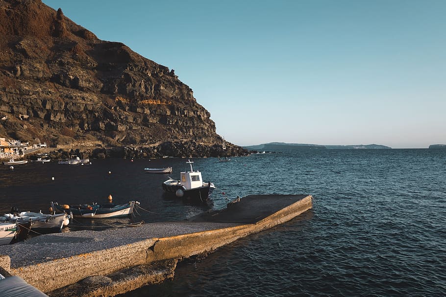 hill, rocks, mountain, coast, sea, ocean, water, boat, yacht HD wallpaper