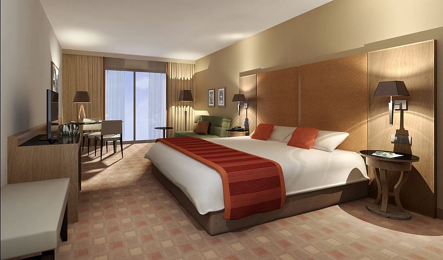 bedroom set, interior, hotel, rendering, visualization, architecture, HD wallpaper