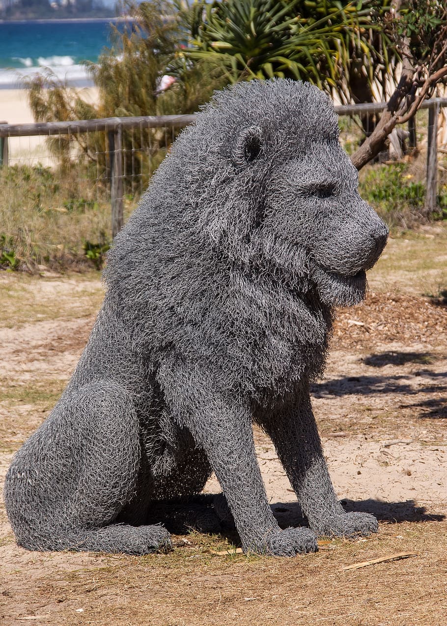 lion, sitting, model, grey, life-size, sculpture, art, metal HD wallpaper