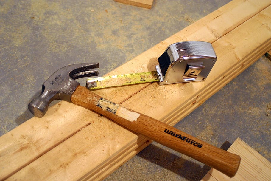 brown Work hammer beside measuring tape, Tools, Tape Measure