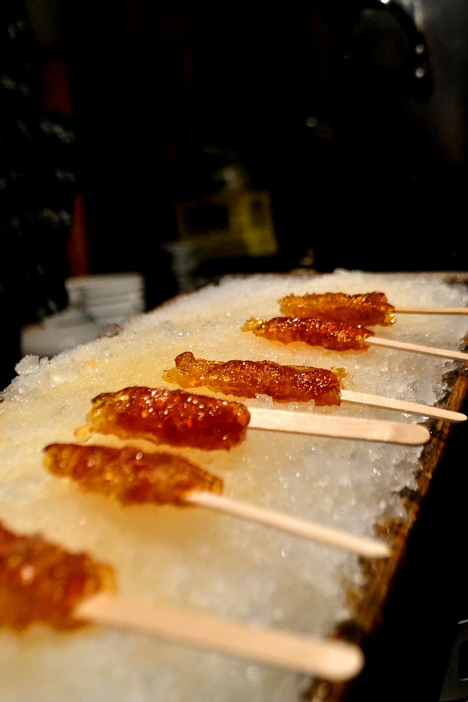 closeup meat skewers on top of crushed ice, Candy, Maple, Sweets