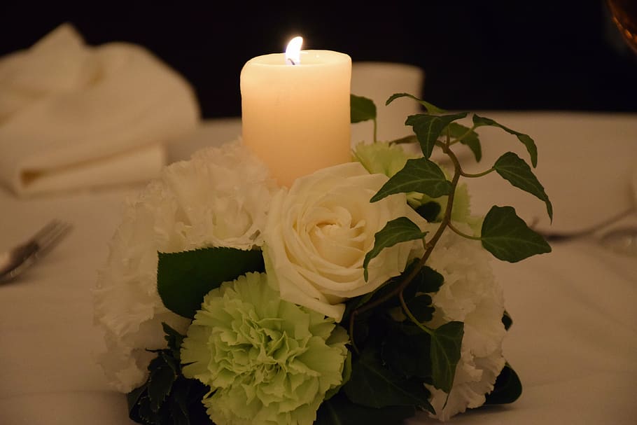 candle, fire, flame, dark, flowers, rose, wedding reception HD wallpaper