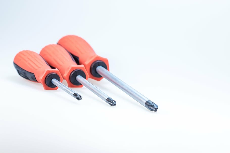 three red-and-black screwdrivers, tool, craft, phillips, metal HD wallpaper