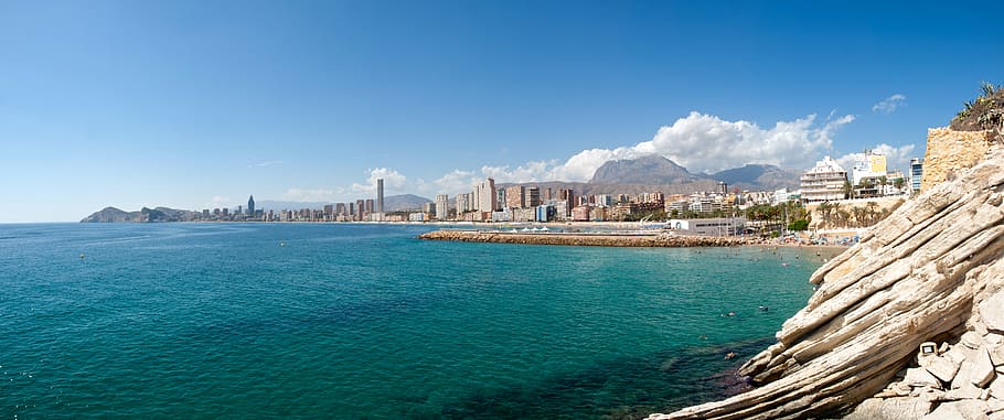 rocky cliff beside body of water, benidorm, beach, spain, mediterranean HD wallpaper