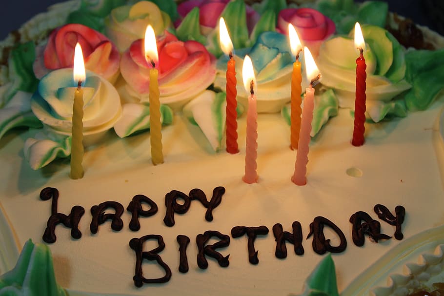 birthday cake, Birthday, Cake, Candles, Sweet, Flowers, fire, HD wallpaper