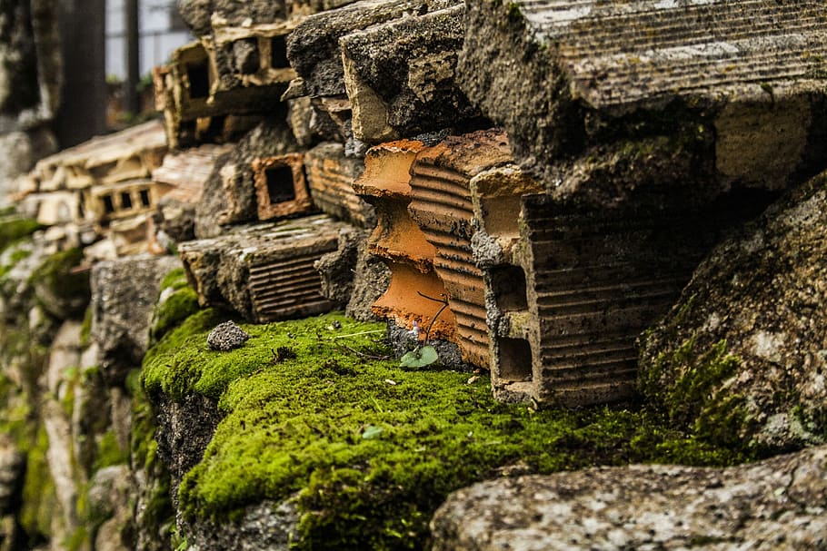 Bricks, Pile, Moss, Texture, pile of bricks, wall, old ruin HD wallpaper